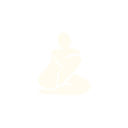 Line drawing of a faceless person sitting in a meditative pose with crossed legs and hands resting on knees.