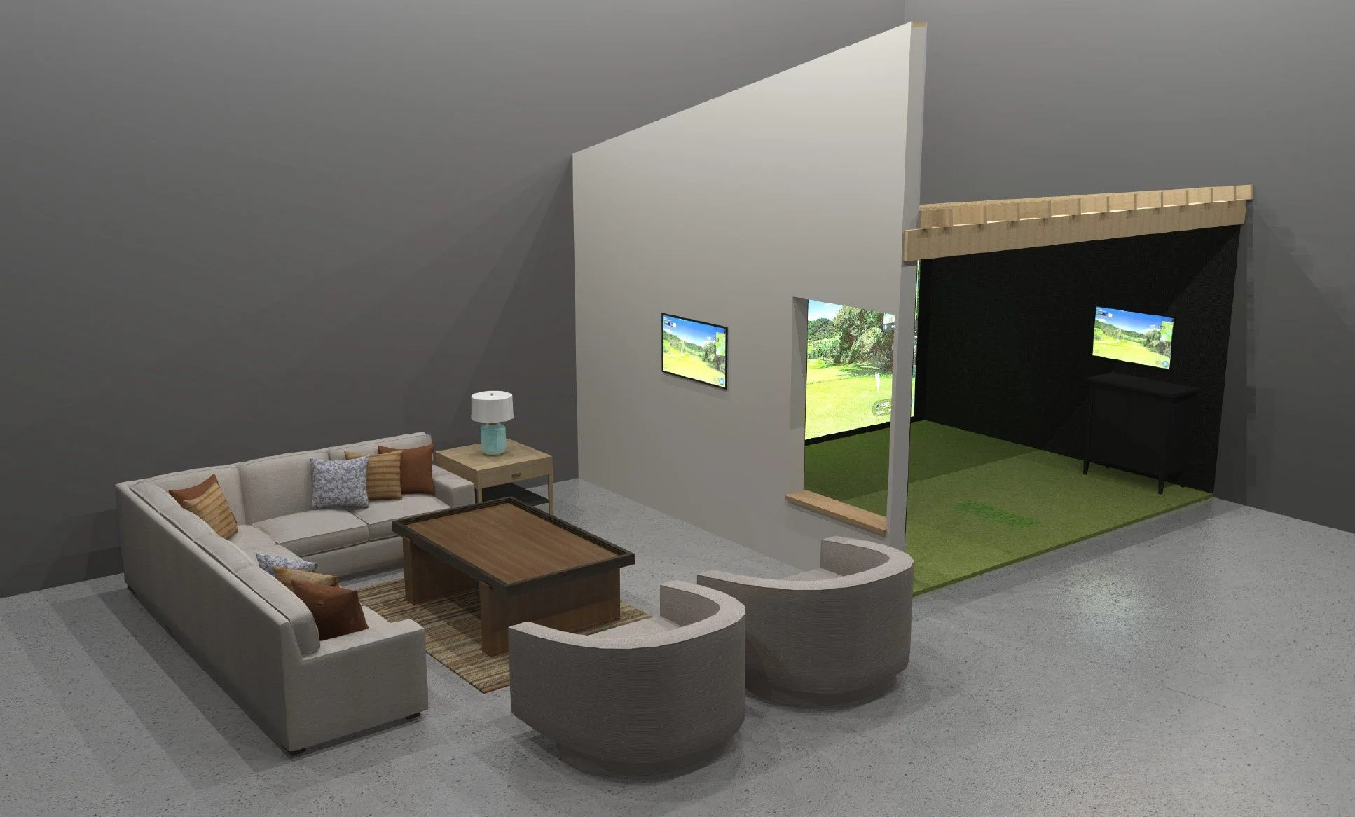 A living room with beige sofa, two gray armchairs, a wooden coffee table, a side table with a lamp, and a flat-screen TV on the wall. There is an adjacent indoor golf simulation area with a black wall, green turf flooring, and two screens showing a golf course.