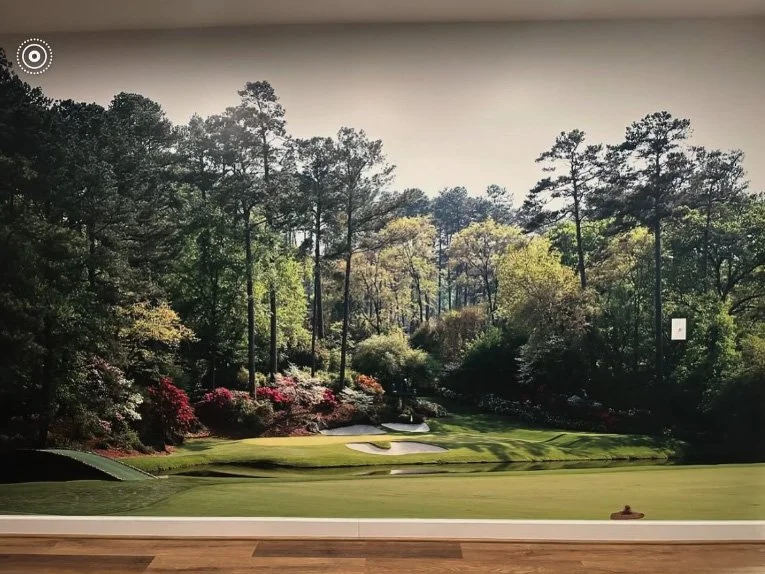 Large window showing a view of a golf course with a putting green, surrounded by trees and shrubs, under a cloudy sky.
