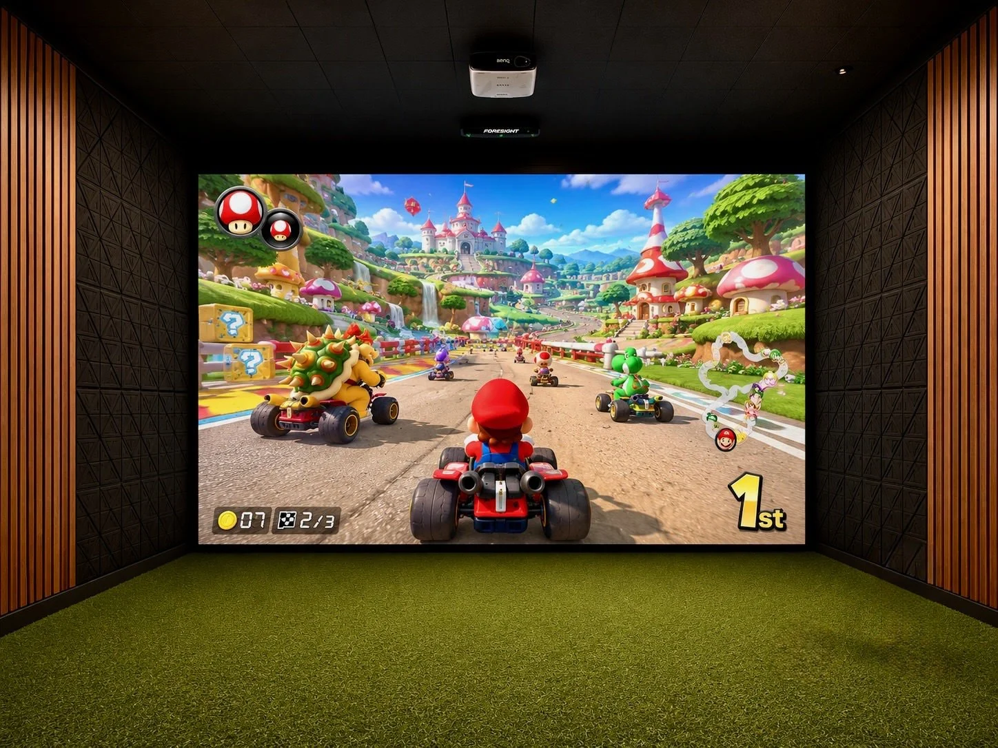 Indoor golf simulator setup with a large screen displaying a golf course, two smaller screens, and a golf mat, next to a modern sofa and side table with a lamp in a lounge area.