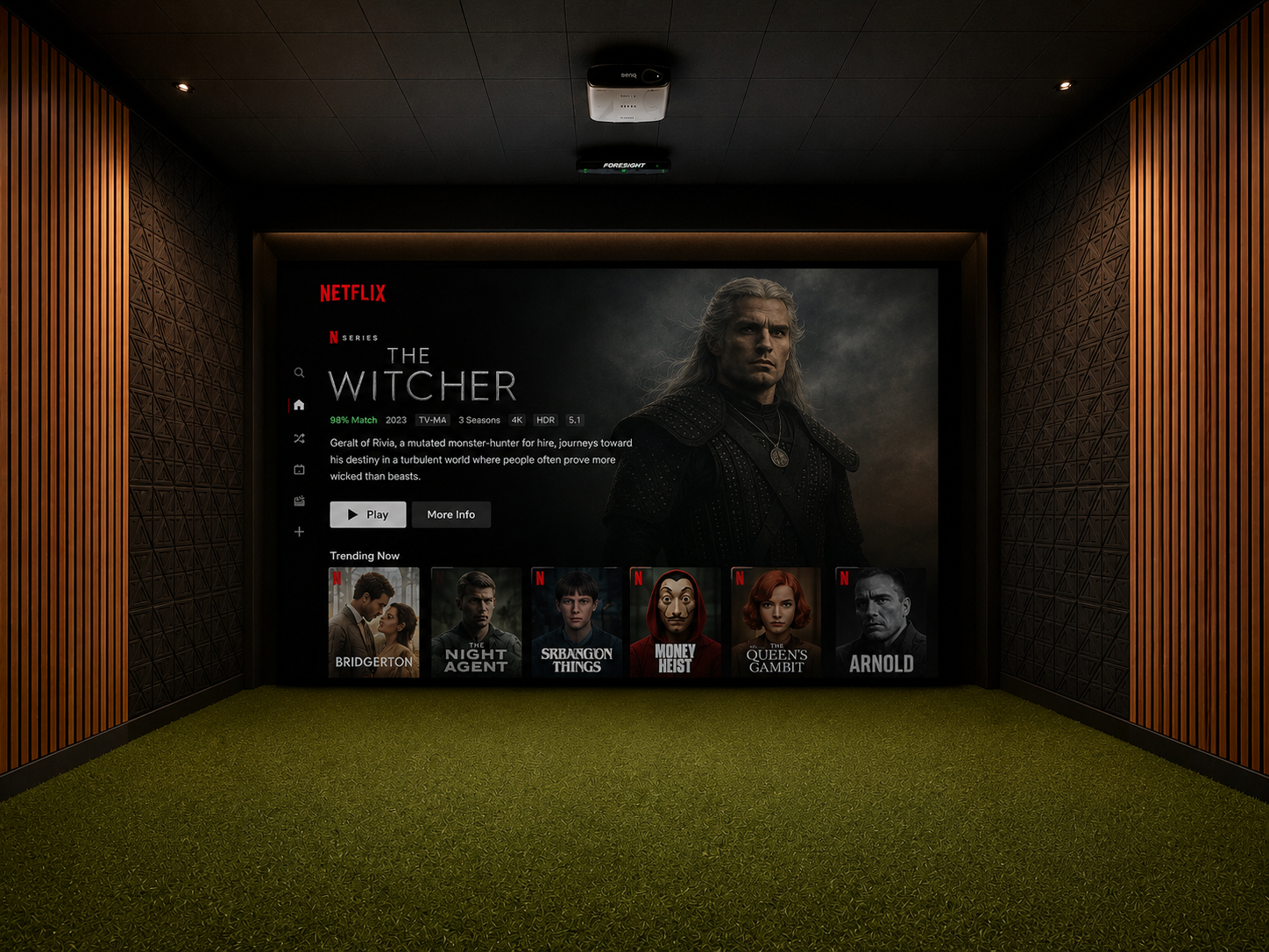 Rendering of a golf simulation room with a large screen showing a golf course, a smaller monitor on a stand, and a green putting area, with a wooden ceiling and black wall panels.