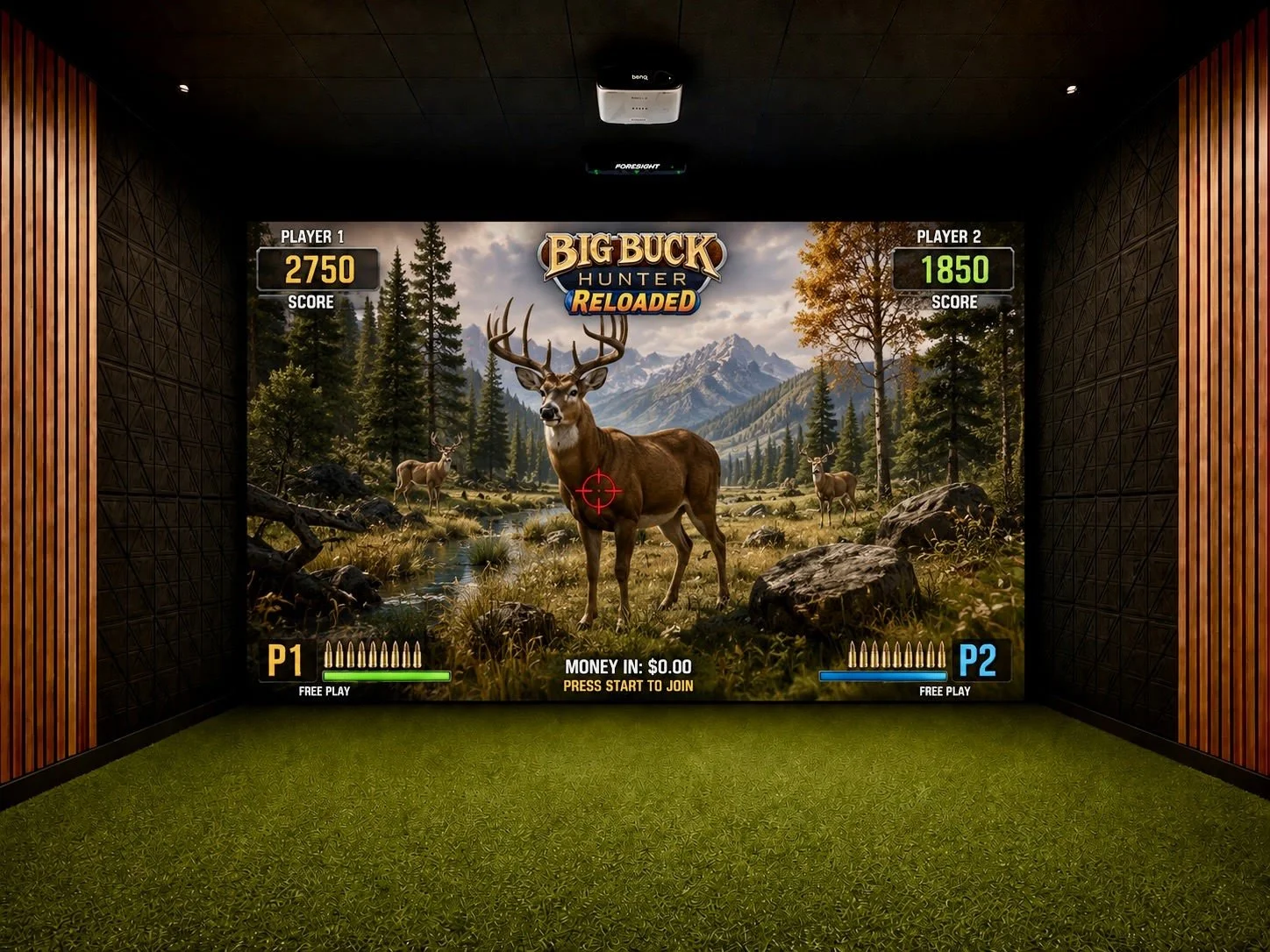 Empty room with a small window, beige wall, dark accent wall, and artificial green turf floor.