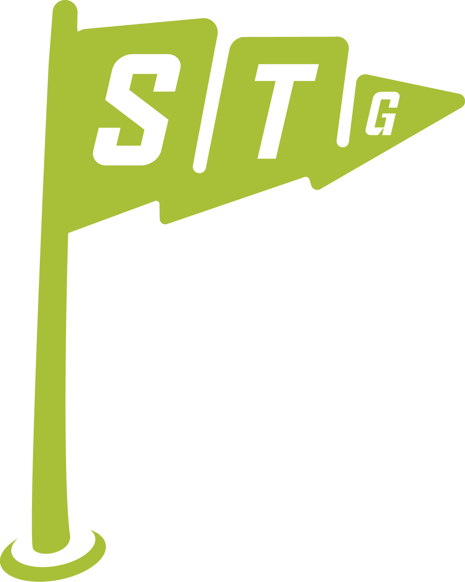 SimTec Golf's neon green flag icon, with the letters STG on the flag