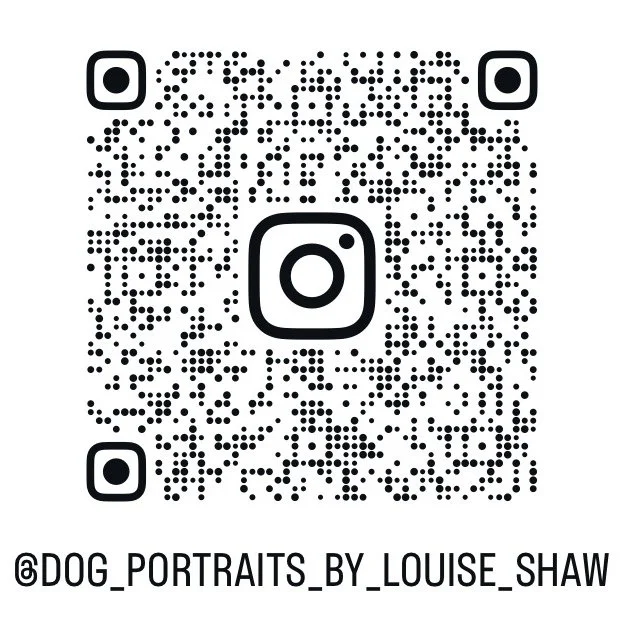 A QR code with the Instagram handle '@dog_portraits_by_louise_shaw' displayed below it.