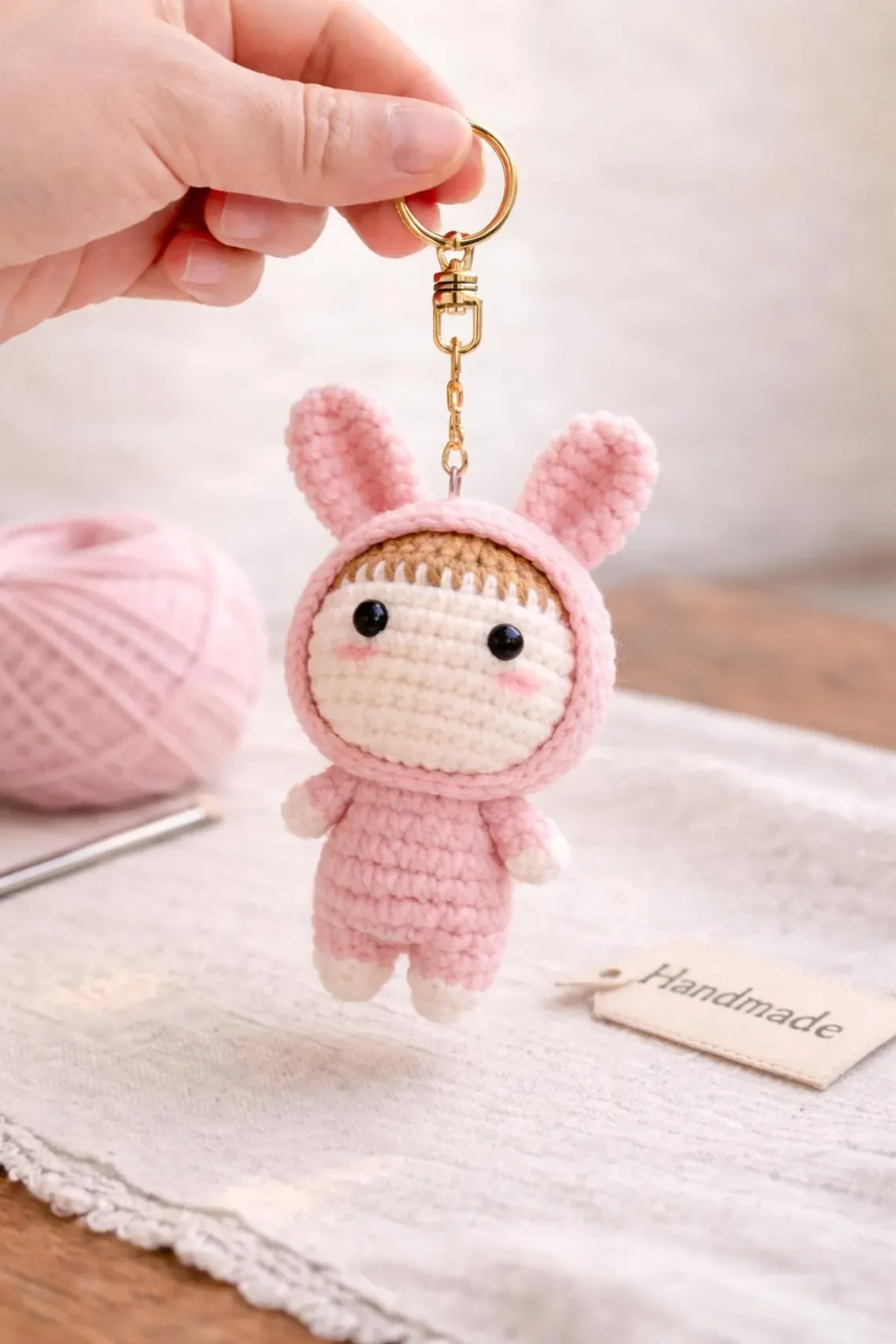 Crochet Pink Bunny Keychain – Amigurumi Rabbit Charm
