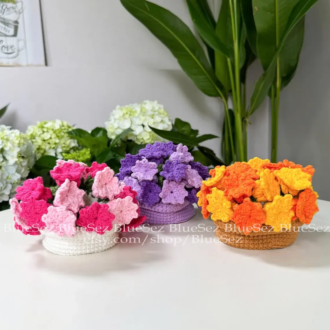 Crochet Flower Coaster Set with Basket – Custom Color Floral Coasters