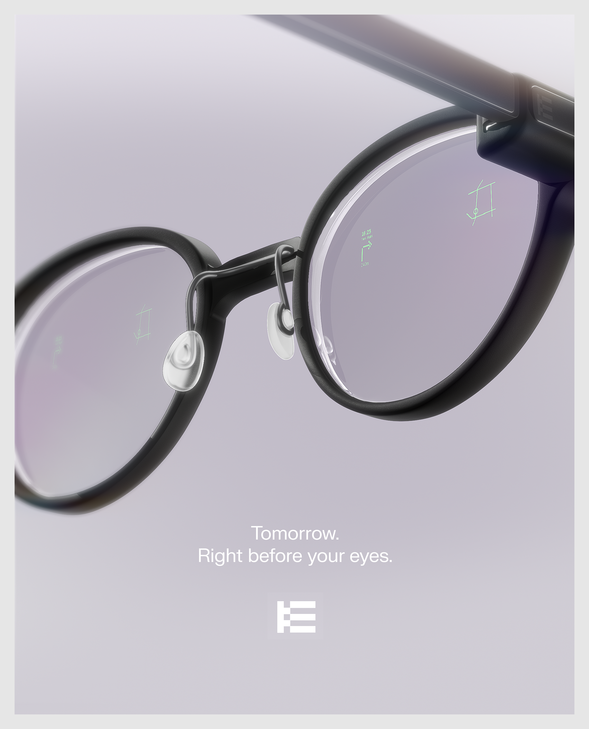 Close-up of round, black-rimmed AR glasses with digital displays on lenses.