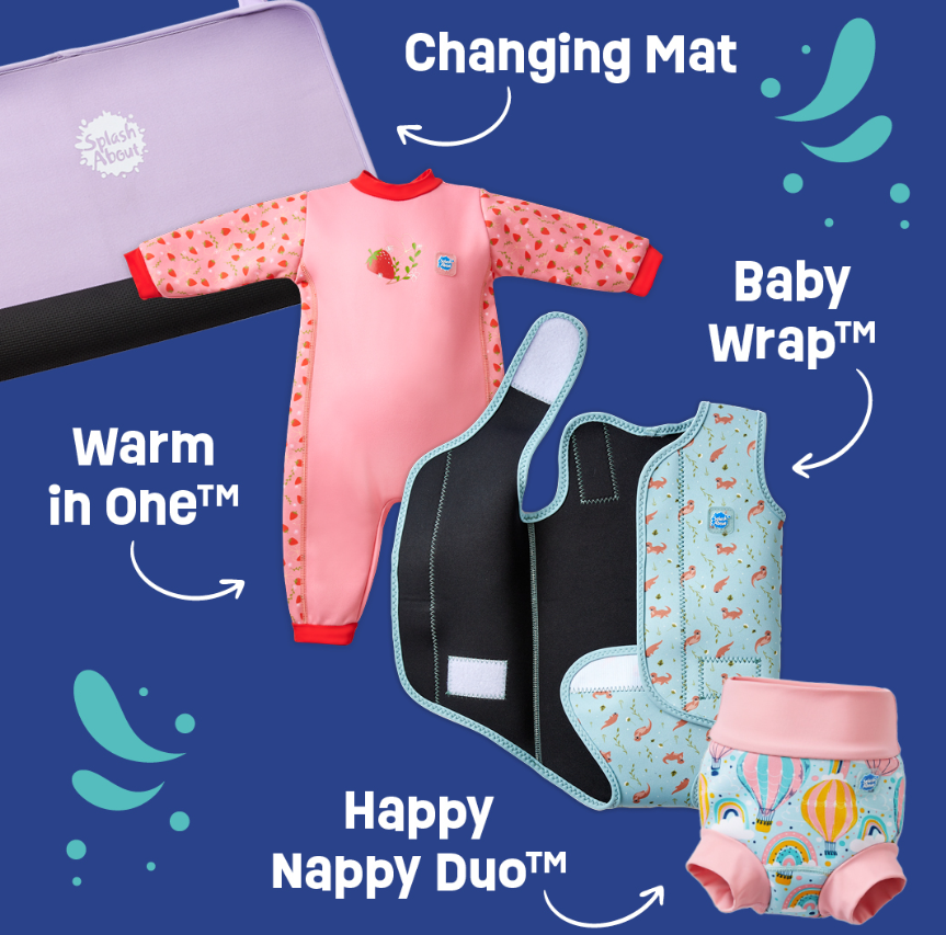 A changing mat, baby wrap, and two diaper covers, one black with blue trim and one with a pink and blue rainbow pattern, arranged on a blue background with white text and decorative splash graphics.