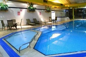 Indoor swimming pool area with lounge chairs and green plants, illuminated by overhead lighting.