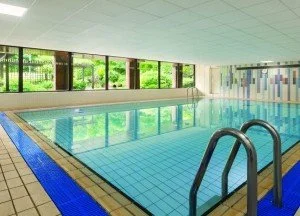 Indoor swimming pool with blue tiles, metal handrails, and large windows showing greenery outside.