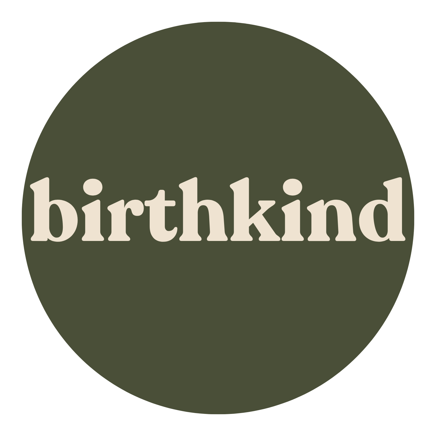 Circular logo with a dark green background and the word 'birthkind' written in large, beige, lowercase letters across the center.