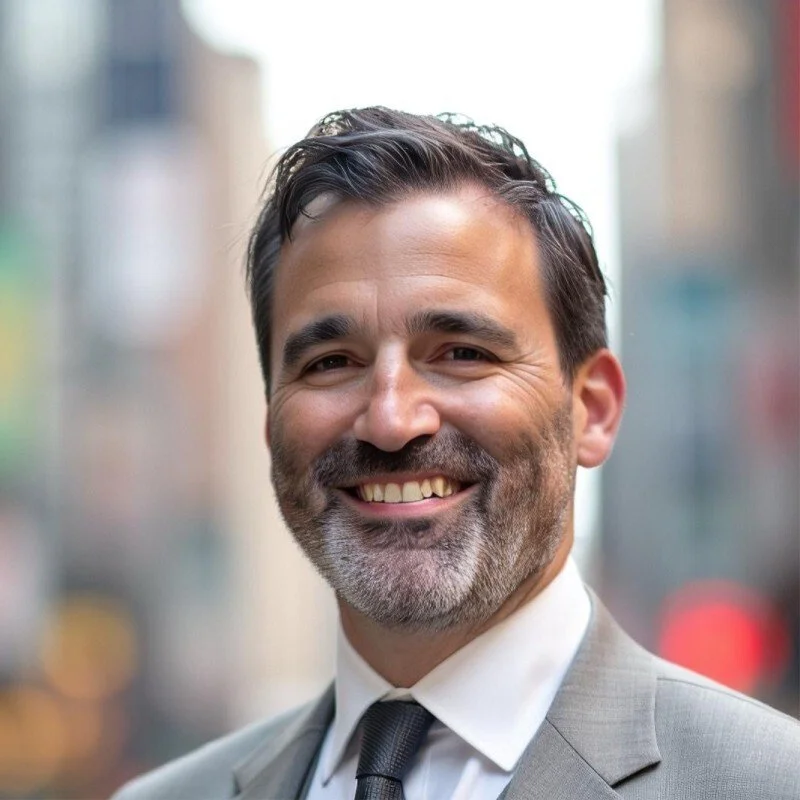 A smiling man with dark hair, a beard, and a mustache, dressed in a gray suit, white shirt, and black tie, standing outdoors in an urban setting.