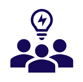 Icon of three people with a light bulb above, symbolizing teamwork or brainstorming.