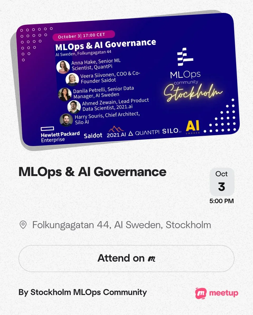 Event details for an online event titled "MLOps & AI Governance" scheduled on October 3rd at 5:00 PM. The location is Folkungagatan 44, AI Sweden, Stockholm. The invitation includes photos and names of several speakers, as well as logos of supporting organizations.
