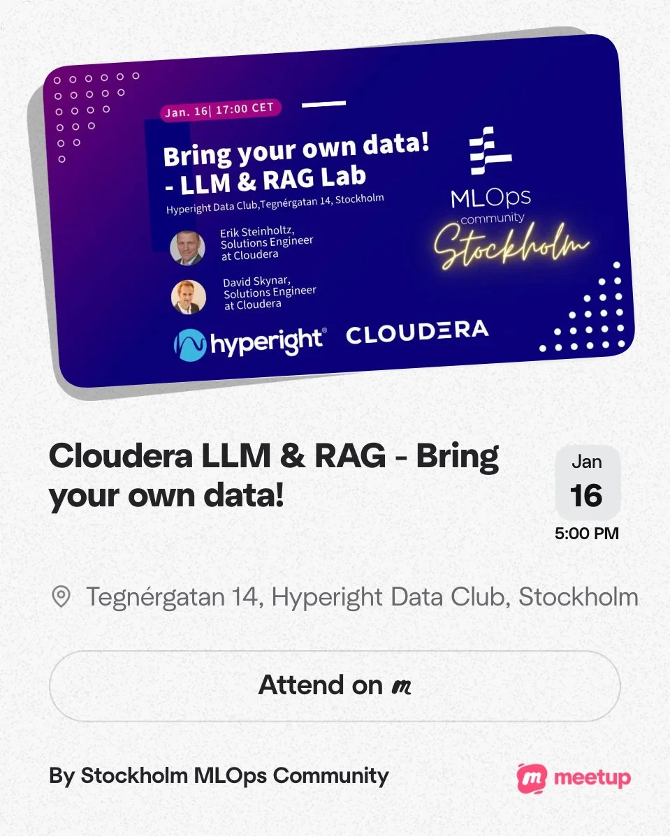 Event invitation for a workshop titled 'Bring your own data! - LLM & RAG Lab' scheduled on January 16 at 5:00 PM at Hyperight Data Club, Tégnergatan 14, Stockholm. The invitation features photos of Erik Steinholtz and David Skynar, Solutions Engineers at Cloudera, and displays logos for Hyperight, Cloudera, and Meetup.