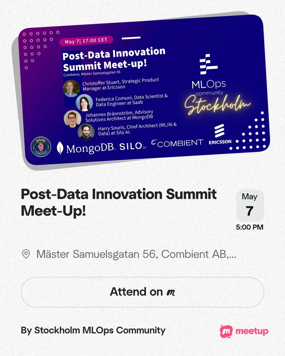 Digital event invitation for the Post-Data Innovation Summit Meet-Up on May 7 at 5:00 PM at Combiant AB, Stockholm. Features names and titles of speakers, including Christoffer Stuart, Federica Comuni, Johannes Brännström, and Harry Souris. Includes logos of MongoDB, Silo, Combiant, Ericsson, and Meetup.
