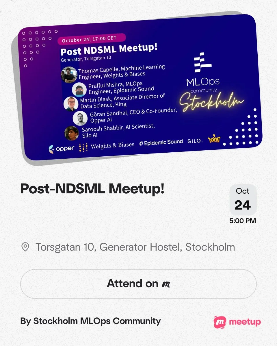 Digital event poster for Post-NDSML Meetup on October 24 at 5:00 PM at Torsgatan 10, Generator Hostel, Stockholm, featuring speakers on Machine Learning, ML Ops, and Data Science.