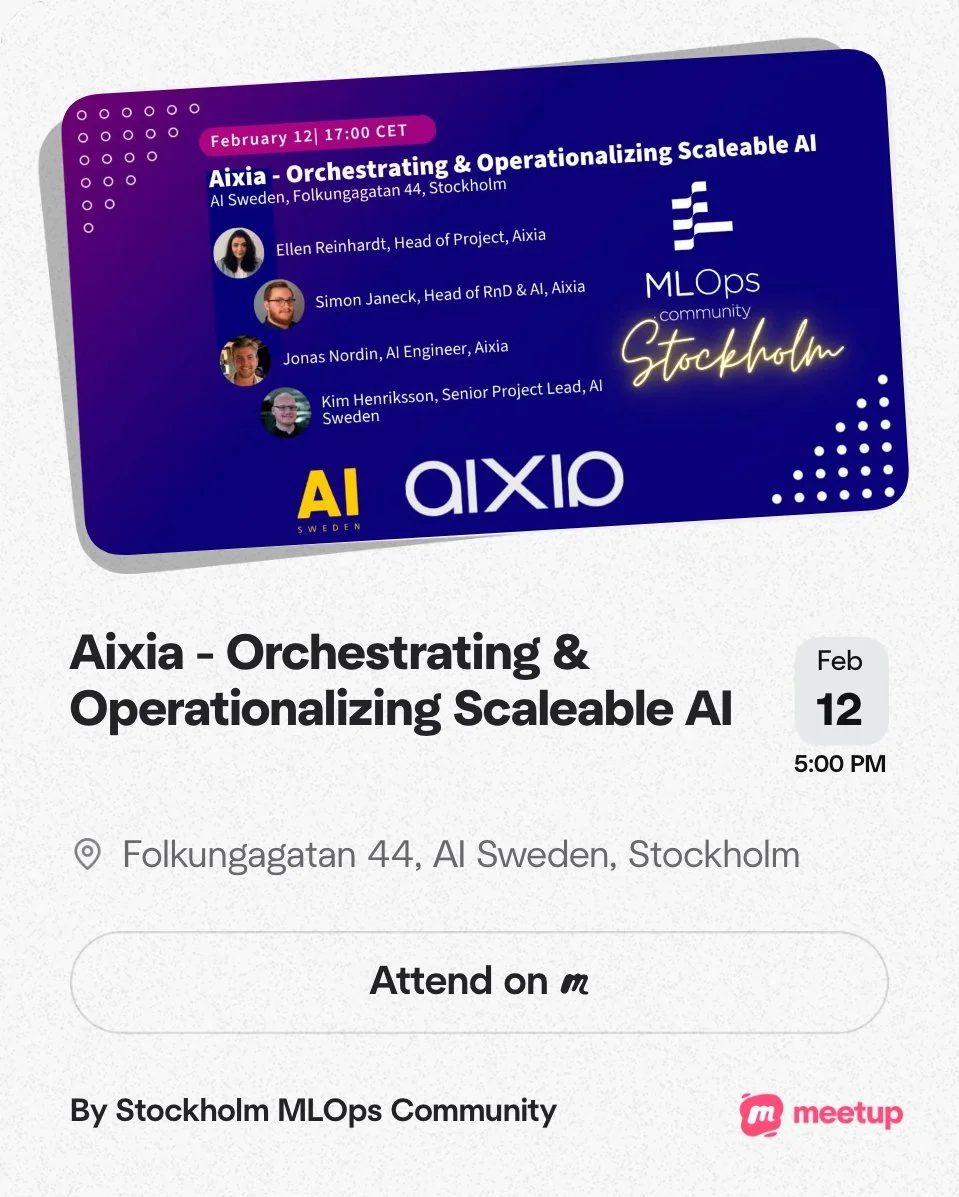 Event invitation for a meeting on February 12 at 5:00 PM about orchestrating and operationalizing scalable AI, organized by Stockholm MLOps Community, held at Folkungagatan 44, Stockholm. Features photos of four speakers and logos for AI Sweden, MLOps Community Stockholm, and Meetup.