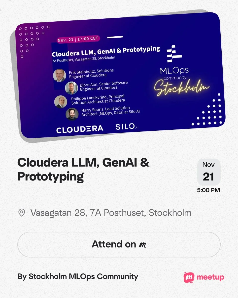Invitation for a meetup event titled 'Cloudera LLM, GenAI & Prototyping' scheduled for November 21 at 5:00 PM at Vasagatan 28, 7A Posthuset, Stockholm. The event features speakers Erik Steinholtz, Björn Alm, Philippe Lanckvrind, and Harry Souris. The invitation includes logos for Cloudera, Silo AI, and Meetup.