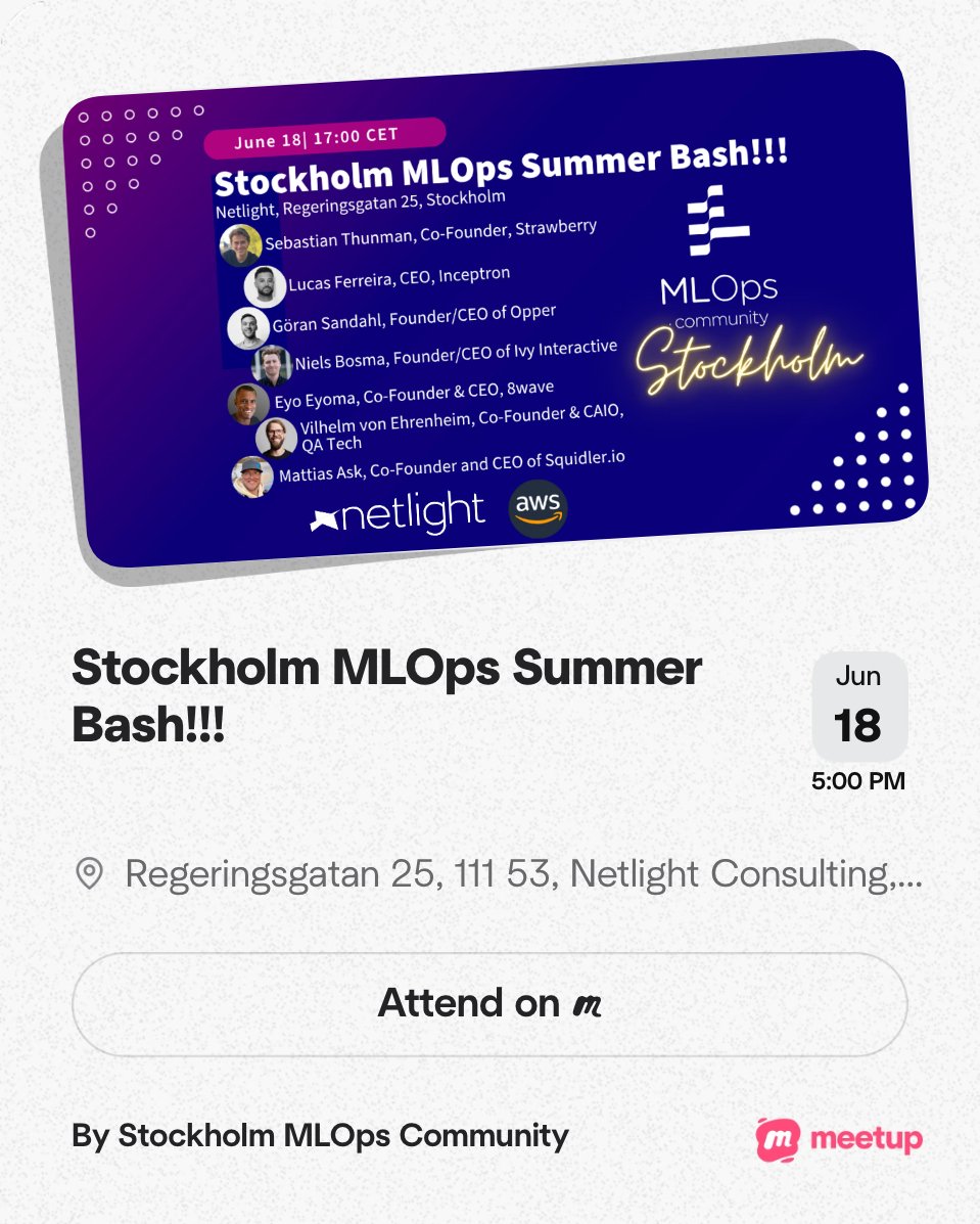 Promotional flyer for Stockholm MLOps Summer Bash event on June 18th at 5:00 PM, featuring speakers from Netlight and AWS, held at Regeringsgatan 25, Stockholm, with logos of Netlight and AWS and graphics of people and event details.