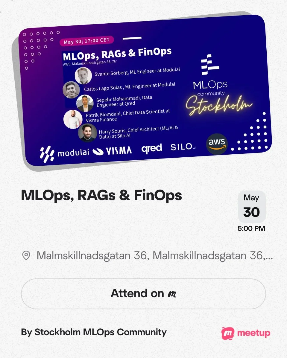 Event invitation for MLOps, RAGs & FinOps on May 30 at 5:00 PM at Malmskillnadsgatan 36, Stockholm. Includes details of speakers, their titles, and organizations, with logos of sponsors AWS, modulai, VISMA, gred, SILO, and AWS.