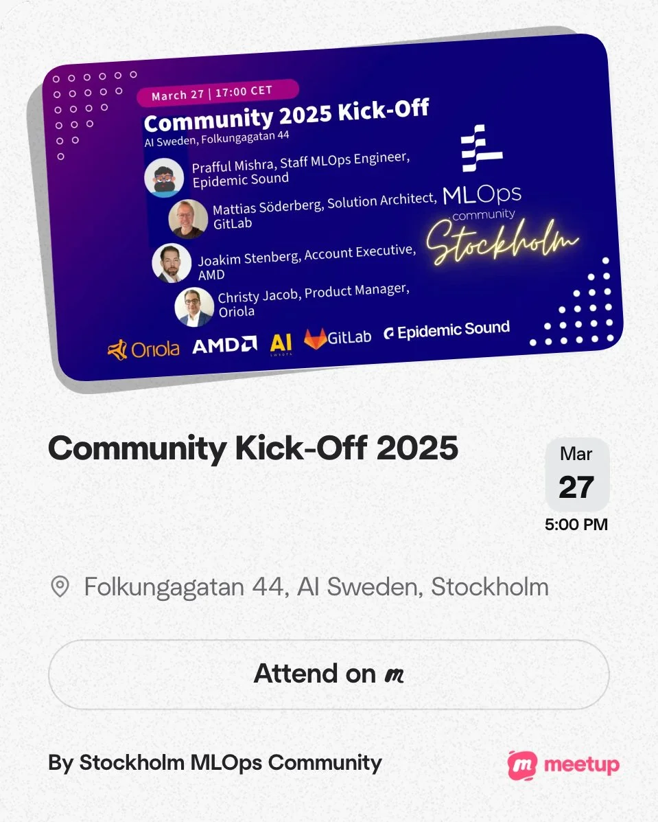 Event flyer for Community 2025 Kick-Off on March 27 at 5:00 PM on Folkungagatan 44, Stockholm, featuring speakers Praful Mishra, Mattias Söderberg, Joakim Stenberg, and Christy Jacob, with logos of Orola, AMD, AI Sweden, GitLab, and Epidemic Sound.
