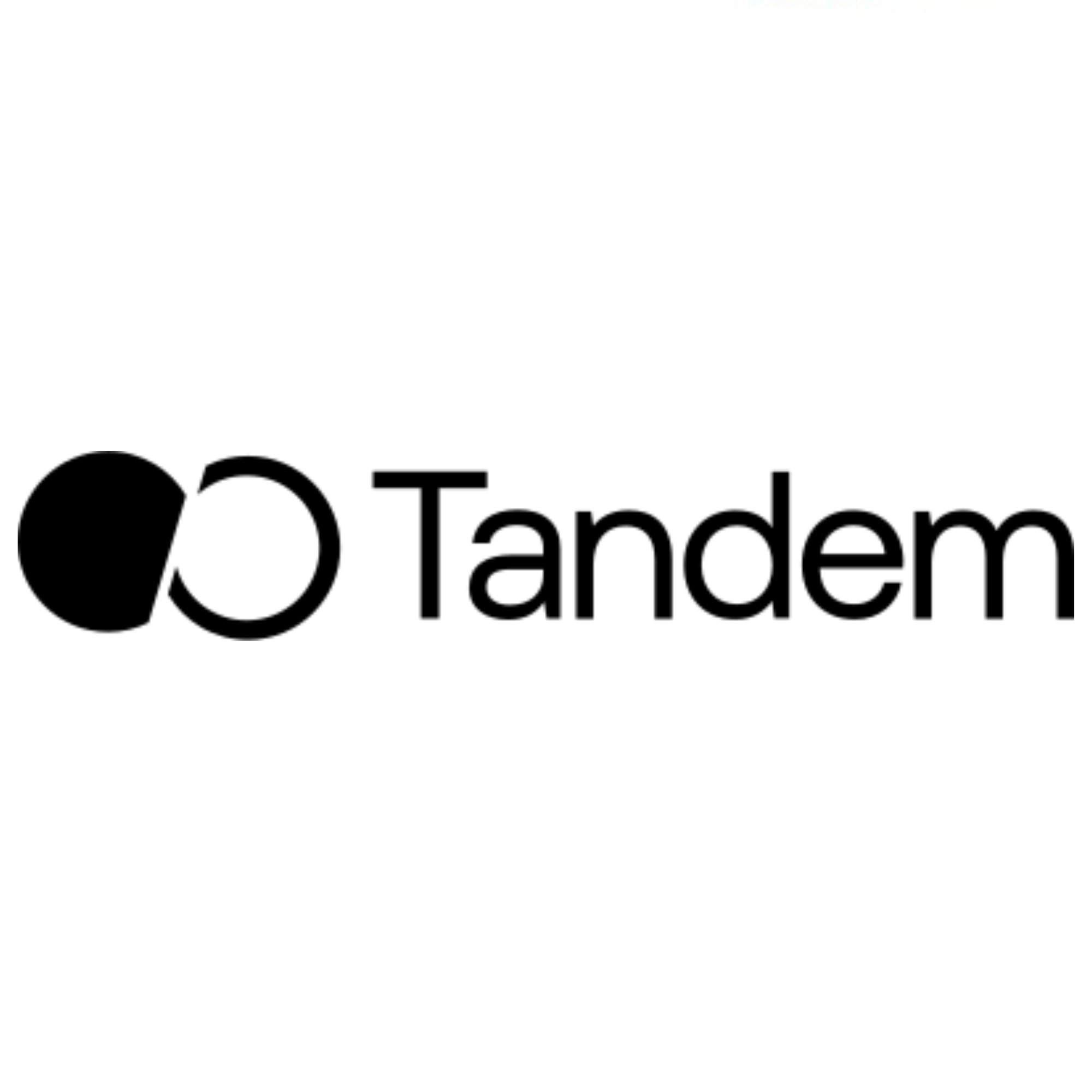 Close-up of the Tandem logo, featuring black text with a stylized overlapping black circle icon.