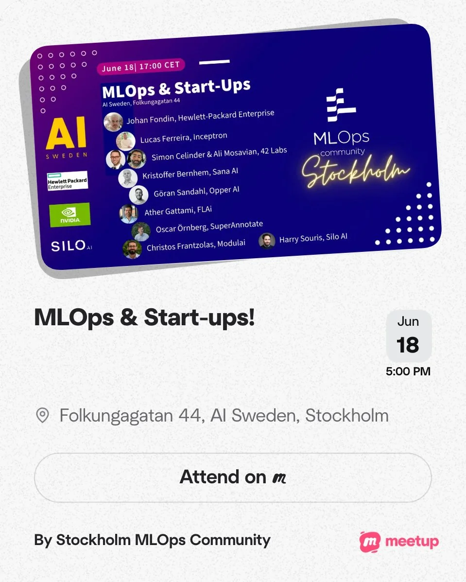 Digital invitation for a meetup event titled "MLOps & Start-Ups" held on June 18 at 5:00 PM at Folkungagatan 44, Stockholm. The event features speakers from AI Sweden, Hewlett-Packard Enterprise, Inception, 42 Labs, Sana AI, Opper AI, FLAi, SuperAnnotate, and ModulAI. The invitation includes logos of AI Sweden, Hewlett-Packard Enterprise, NVIDIA, Silo AI, and meetup.com.