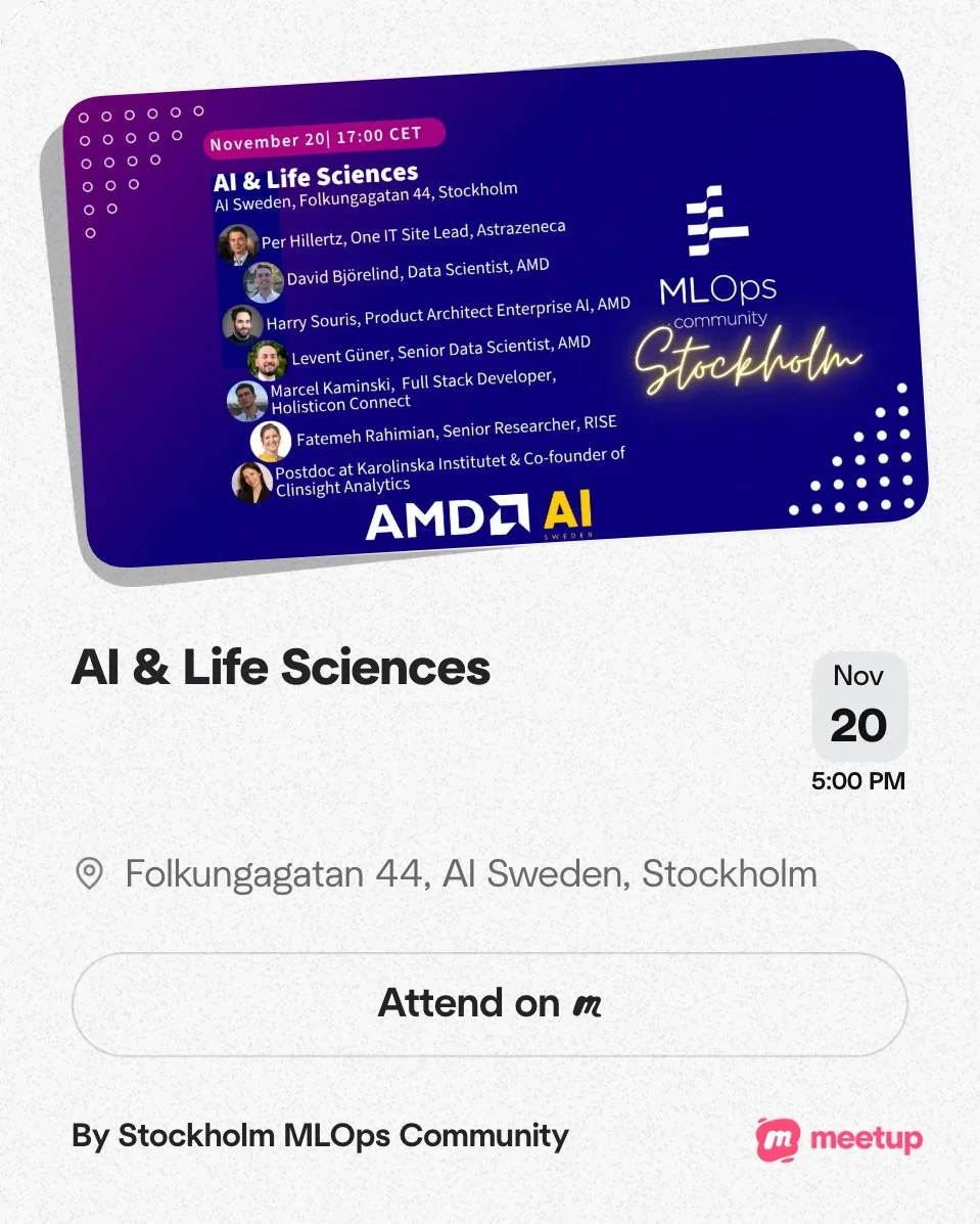 Event invitation for AI & Life Sciences meetup on November 20th at 5:00 PM at Folkungagatan 44, Stockholm, hosted by Stockholm MLops Community with speakers from AMD and AstraZeneca.