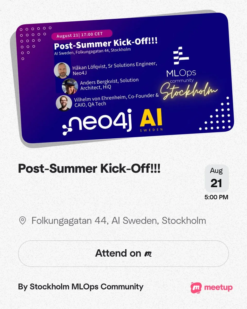 Digital event invitation card for a post-summer kick-off event in Stockholm, Sweden, scheduled for August 21 at 5:00 PM. The card features event details, speaker photographs with names and titles, and logos of Neo4j AI and Stockholm MLOps Community.