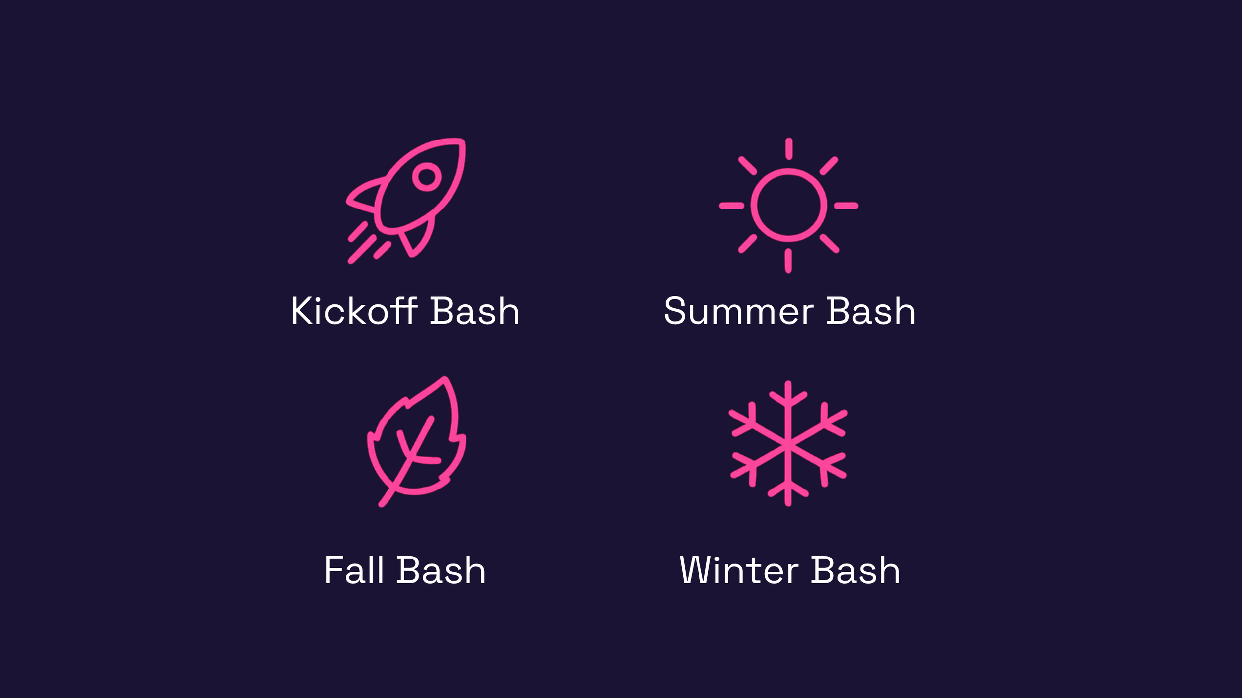 Icons representing different Bash themes: Rocket for Kickoff Bash, Sun for Summer Bash, Leaf for Fall Bash, Snowflake for Winter Bash.