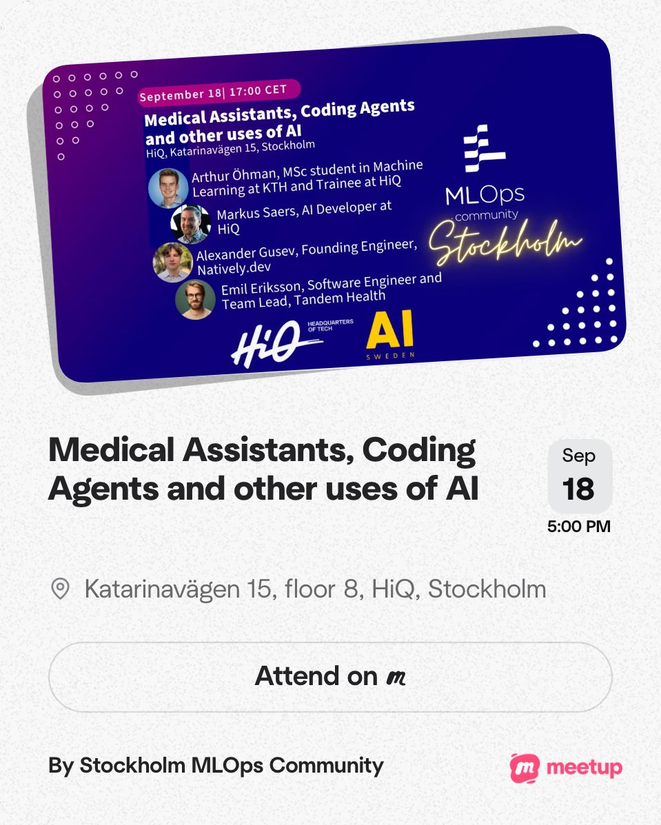 Event invitation for a talk on the uses of AI in medical assistants and coding agents, scheduled for September 18 at 5:00 PM at HiQ, Stockholm, featuring speakers Arthur Öhman, Markus Saers, Alexander Gusev, and Emil Eriksson.