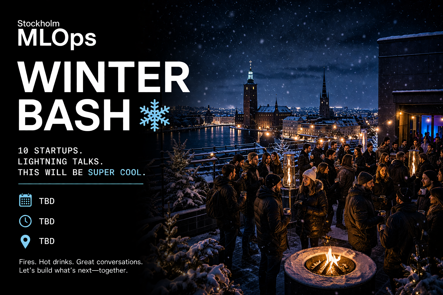 A group of people gathered around a fire pit on a terrace overlooking Stockholm at night during winter, with snow on the ground and city lights in the background.