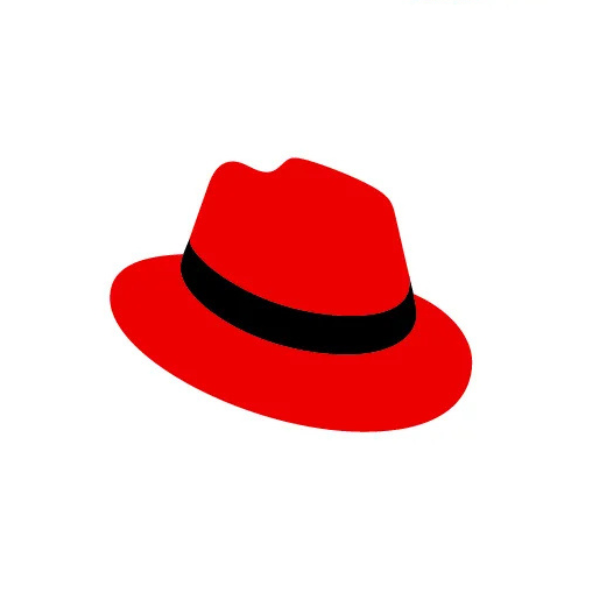 Red fedora hat with black band on a white background.