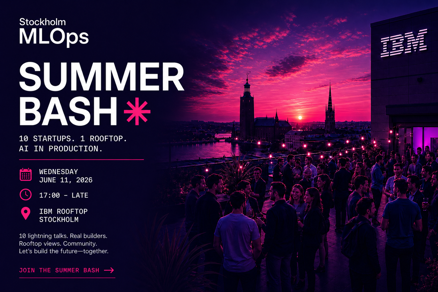 An event poster for the Stockholm MLOps Summer Bash, featuring a rooftop gathering at sunset with a view of the city skyline, including church spires and a river, with string lights and a crowd of people socializing.