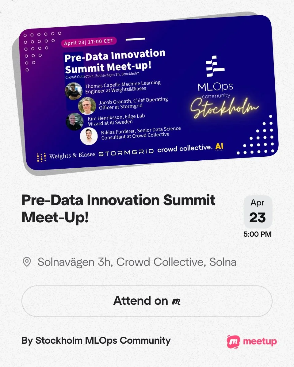 Event invitation for the Pre-Data Innovation Summit Meet-Up on April 23 at 5:00 PM, held at Crowd Collective in Stockholm, featuring speakers Thomas Capelle, Jacob Granath, Kim Henriksson, and Niklas Furderer.