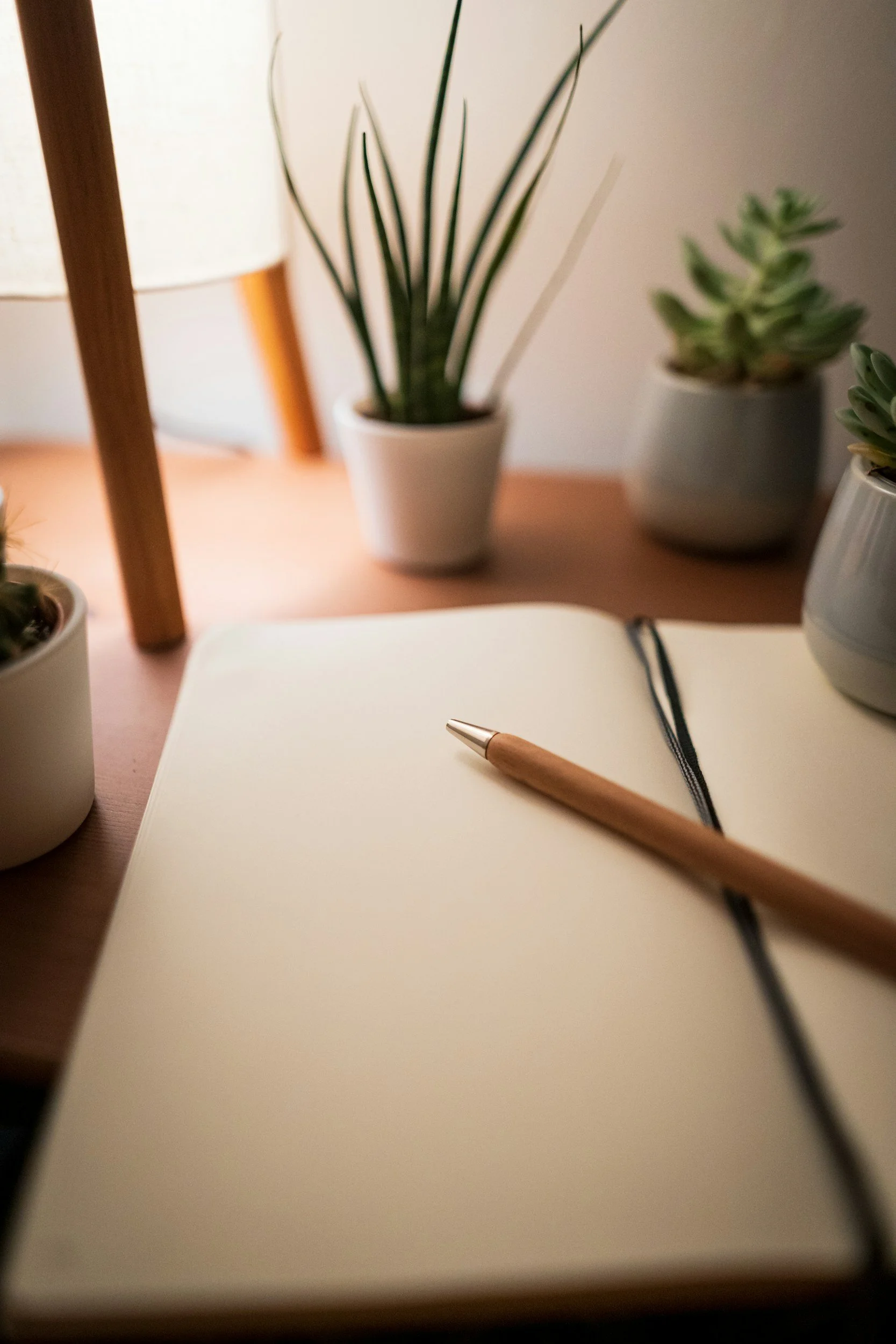 A blank, white notebook with a black and silver pen resting on top, placed on a wooden desk. In the background, there are potted plants and a wooden lamp.