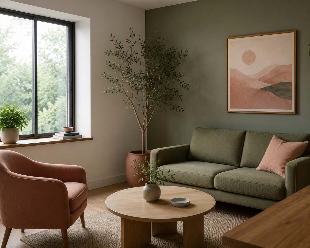 A living room with a green sofa, pink armchair, and wooden coffee table with plants and bowls, near a window with greenery outside and framed abstract art on the wall.
