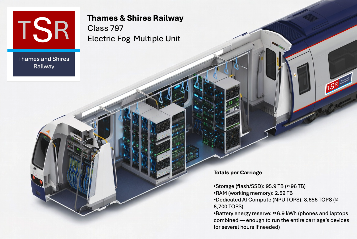 Diagram of a UK railway train carriage with server racks, storage units, and computing hardware, showing the train's interior technology setup.
