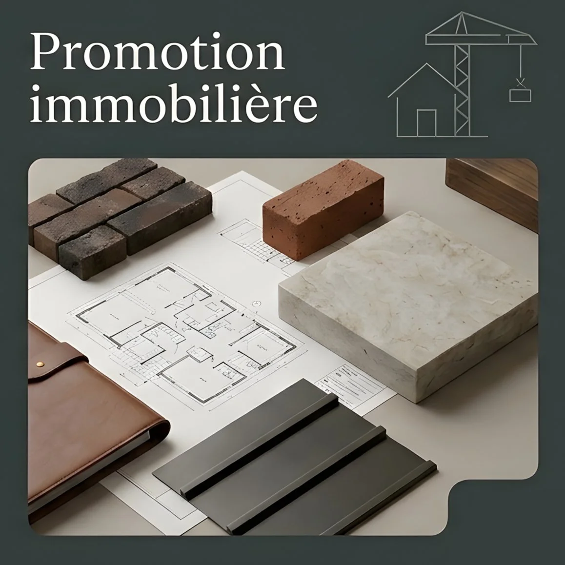 Matériaux de construction pour immobilier, notamment briques, pierre, marbre, plan architectural, carnet de notes et échantillons de matériaux.