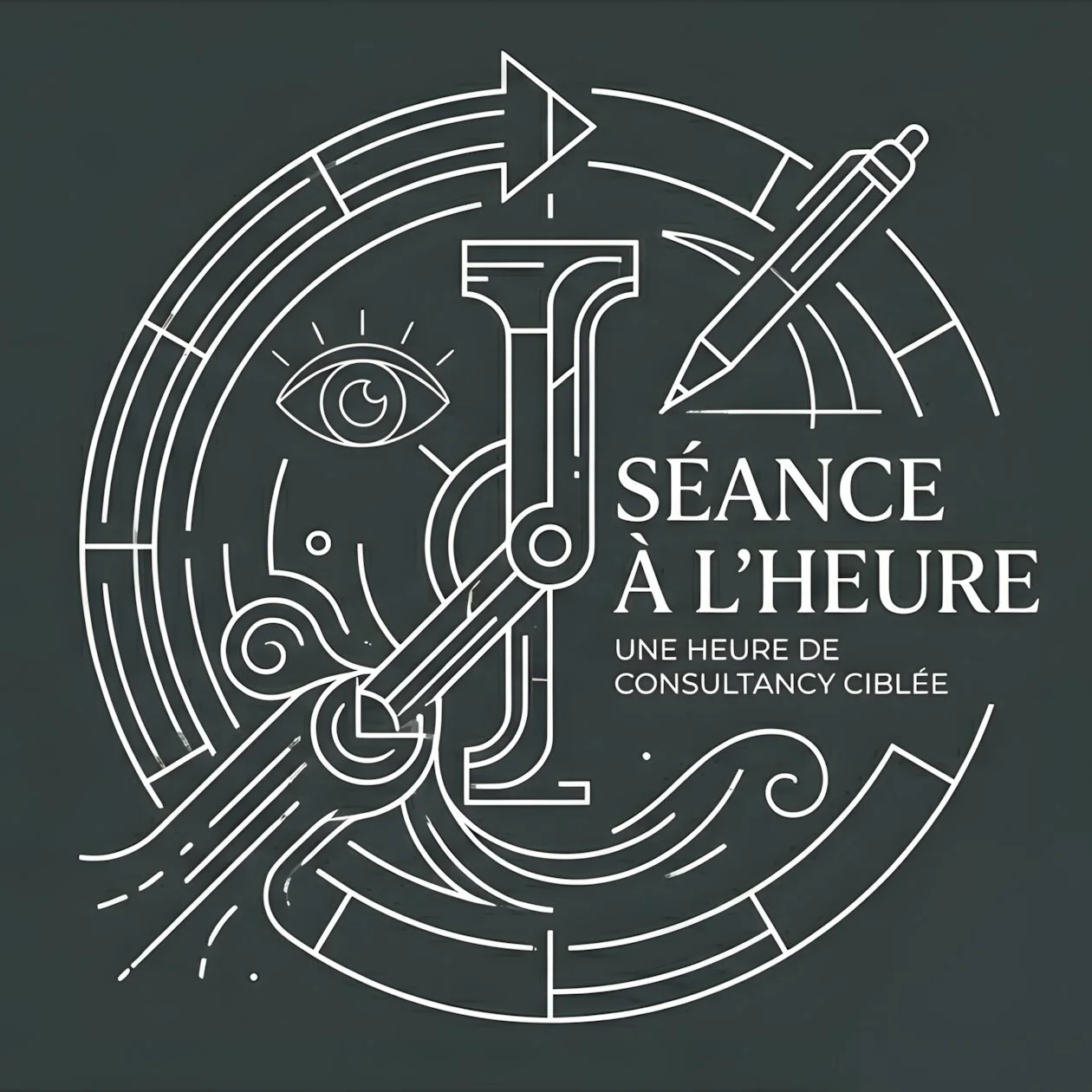 Une affiche avec un design de style épuré représentant une horloge, une tache d'encre et une plume, avec le texte "Séance à l'heure, une heure de consultancy ciblée".