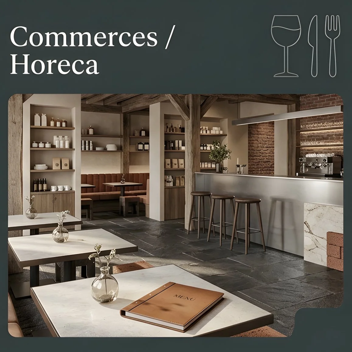 Intérieur d'un café ou restaurant avec tables en marbre, étagères en bois avec des produits, comptoir de bar avec tabourets en bois, décor moderne et chaleureux.