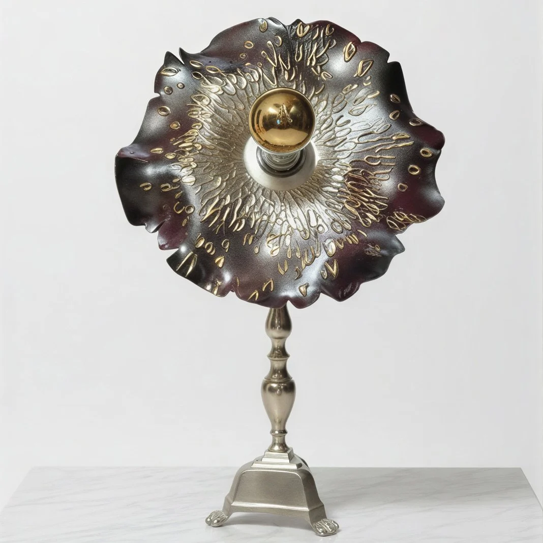 Lampe de table avec abat-jour en forme de grande fleur décorative en argile foncé avec des accents dorés, fixée sur un pied de lampe vintage en étain restauré.