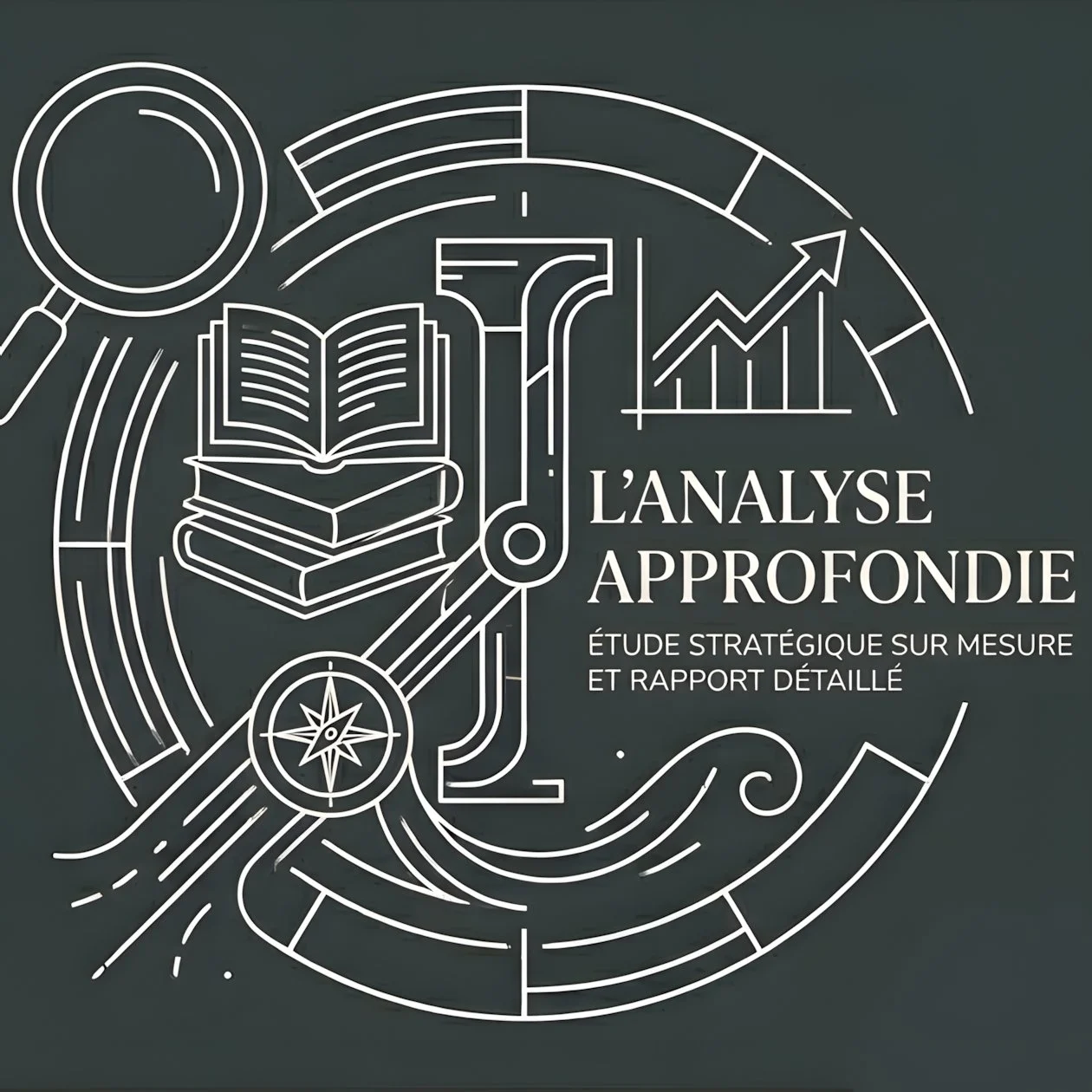Illustration de lignes blanches représentant une loupe, des livres, un graphique en courbes, une boussole sur un fond gris foncé avec le texte 'L'Analyse Approfondie - Étude stratégique sur mesure et rapport détaillé'.