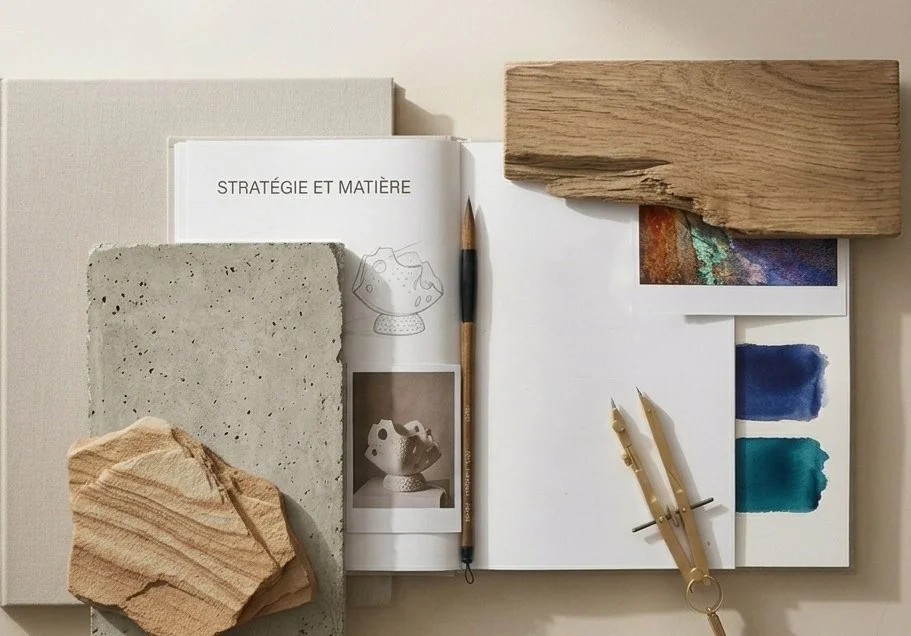 Une table avec divers matériaux et outils de dessin, y compris des échantillons de bois, un morceau de béton, un pinceau, un compas, une palette de couleurs et un livre ouvert