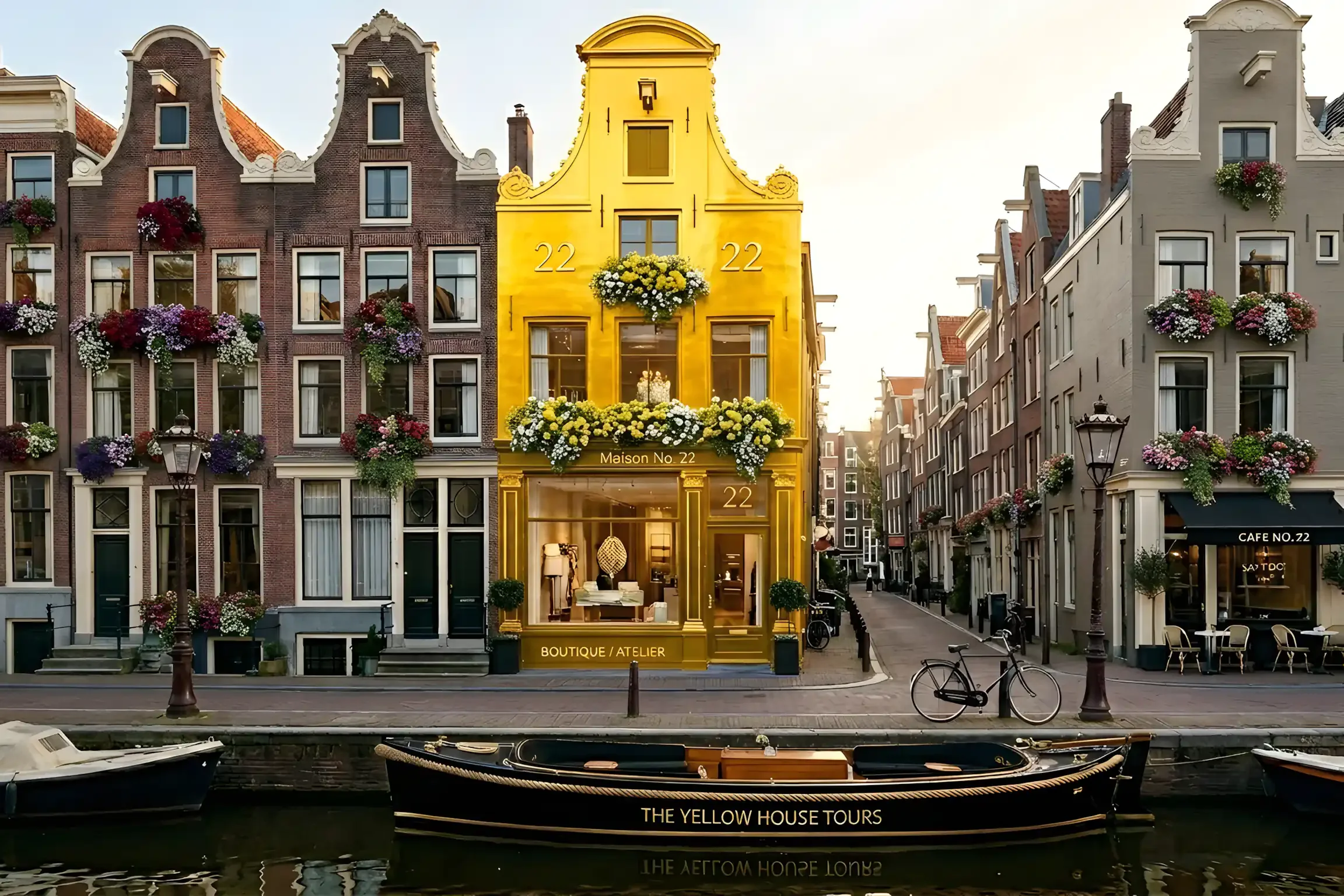 Une rangée de maisons typiques hollandaises avec des façades colorées, dont une jaune avec la mention « Maison No 22 ». Il y a un canal au premier plan avec des bateaux amarrés, et des lampadaires anciens sur le trottoir. La photo semble avoir été prise au coucher du soleil.