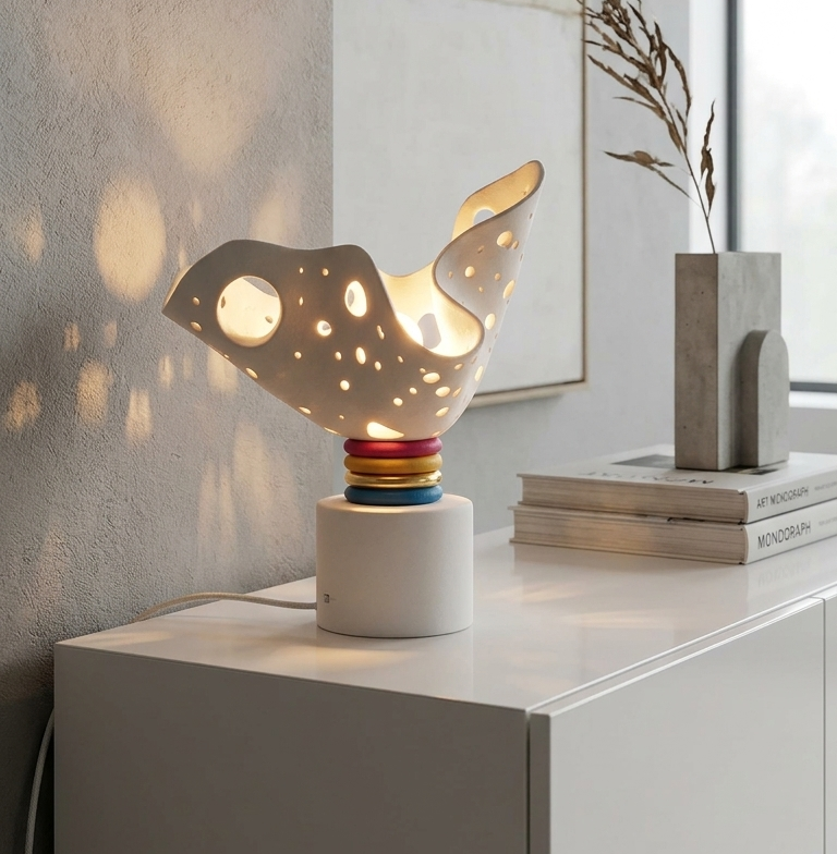 Lampe décorative moderne avec un design perforé, placée sur une surface blanche, avec plusieurs livres empilés à côté .