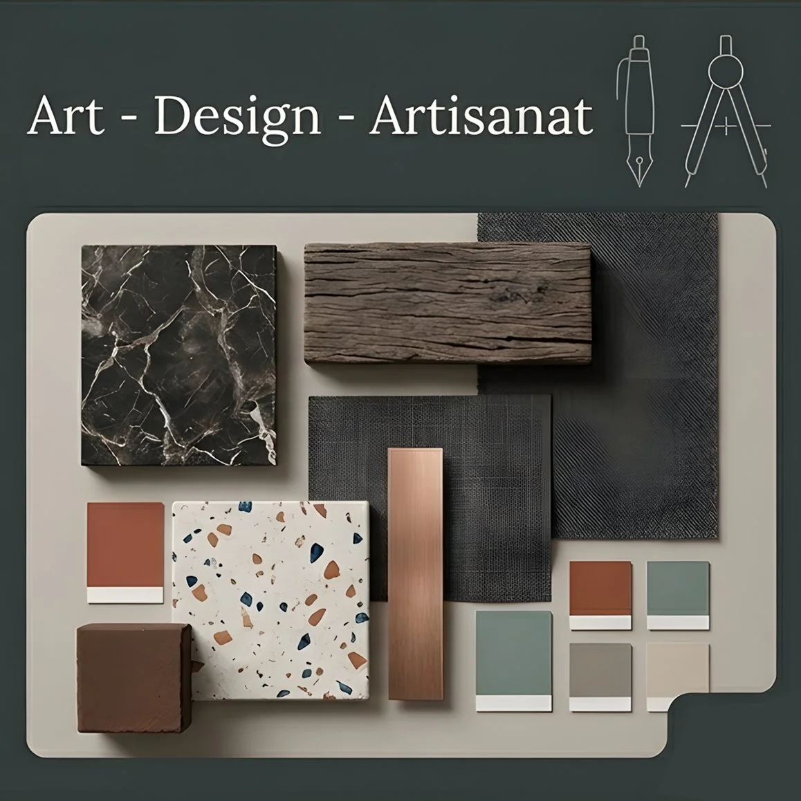 Échantillons de matériaux pour art, design et artisanat, incluant des surfaces en marbre, bois, béton, terre cuite et divers échantillons de couleurs et textures.