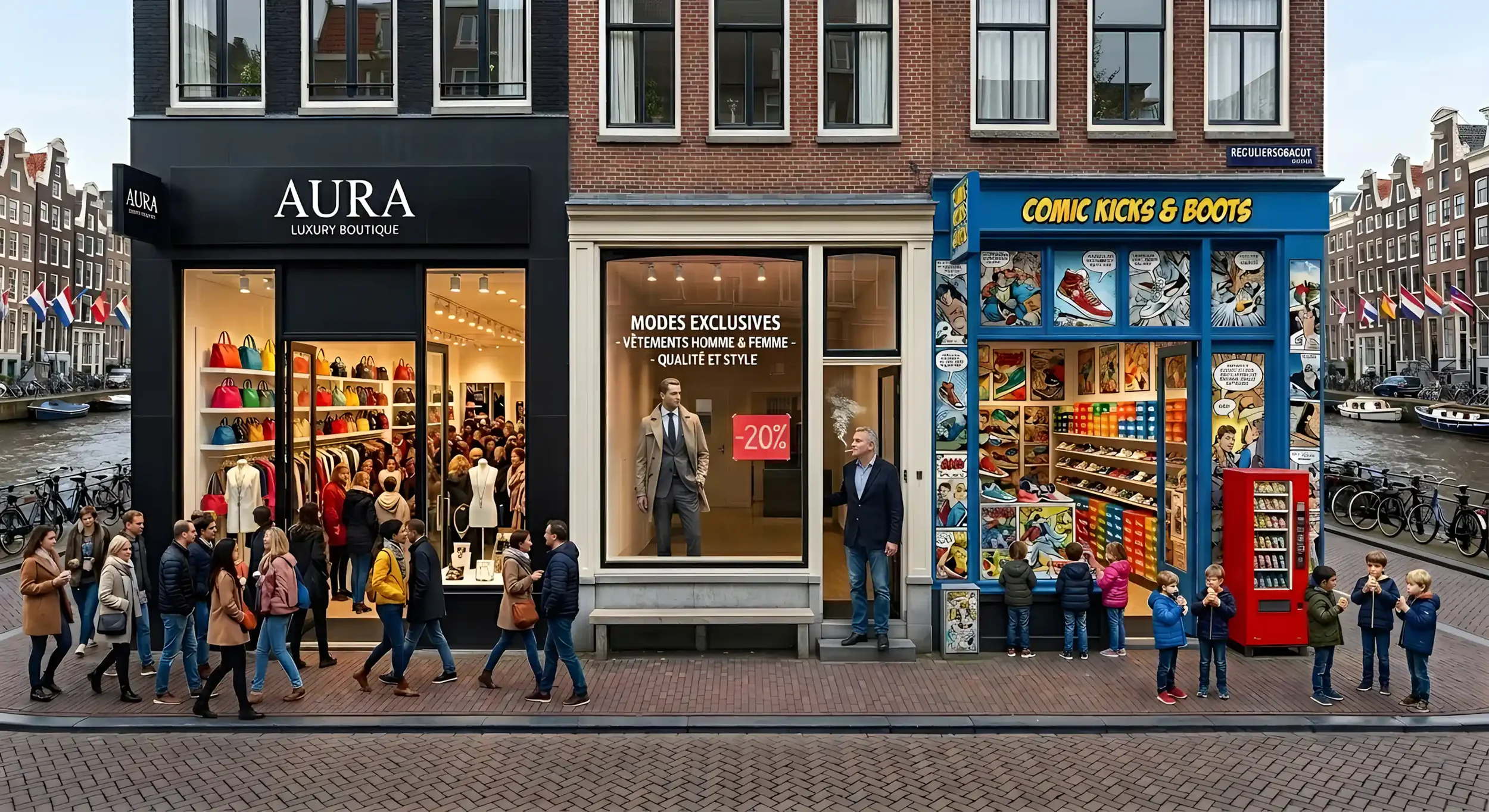 Une rue animée avec des boutiques, une foule de personnes qui marchent, un canal avec des bateaux, et un bâtiment de style européen avec plusieurs fenêtres.
