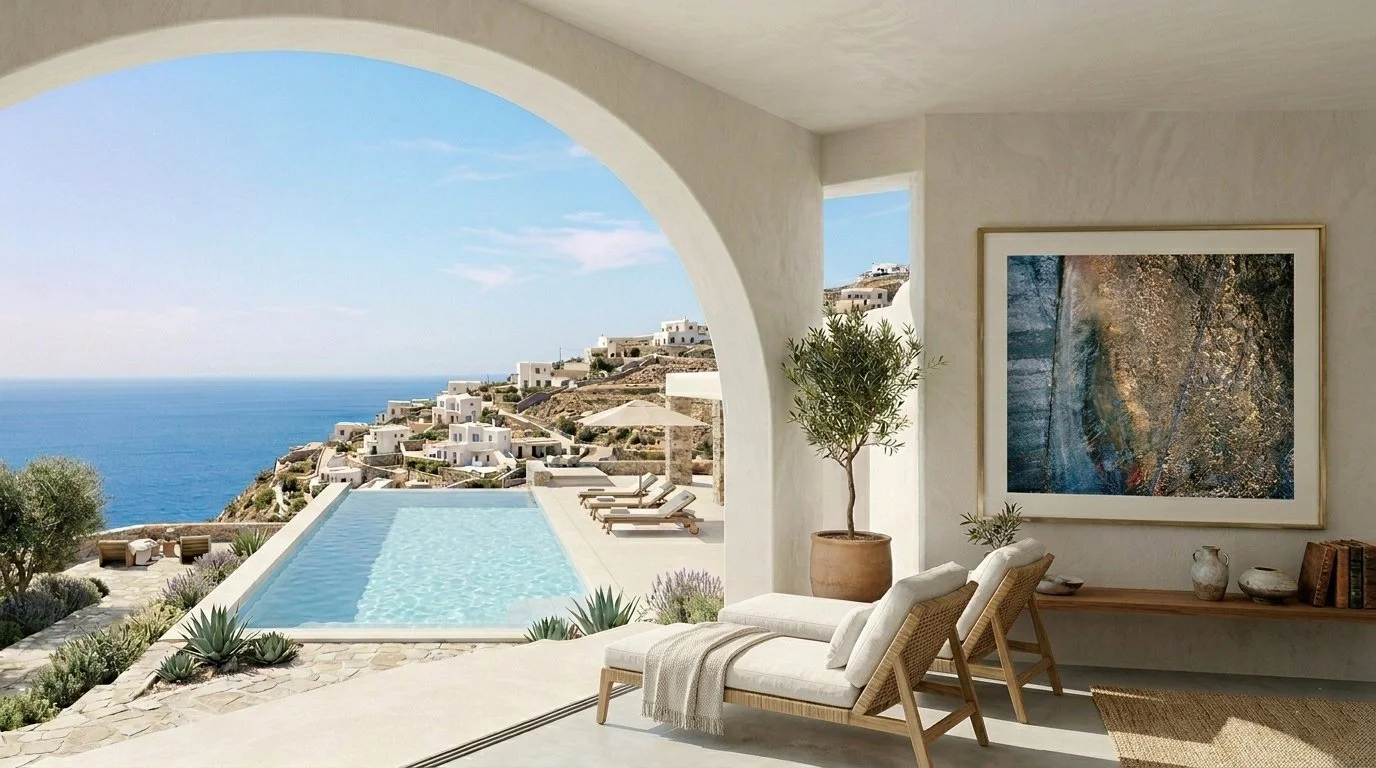 Une terrasse de villa luxueuse de style cycladique surplombant la mer Égée, dotée d'une piscine à débordement, d'un mobilier élégant en bois et d'une vue imprenable sur un village côtier escarpé.